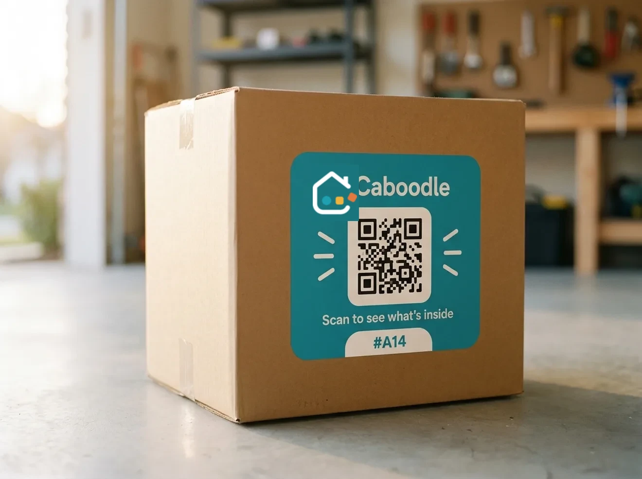 A sealed kraft box in the garage wearing a teal Caboodle QR sticker: Scan to see what's inside