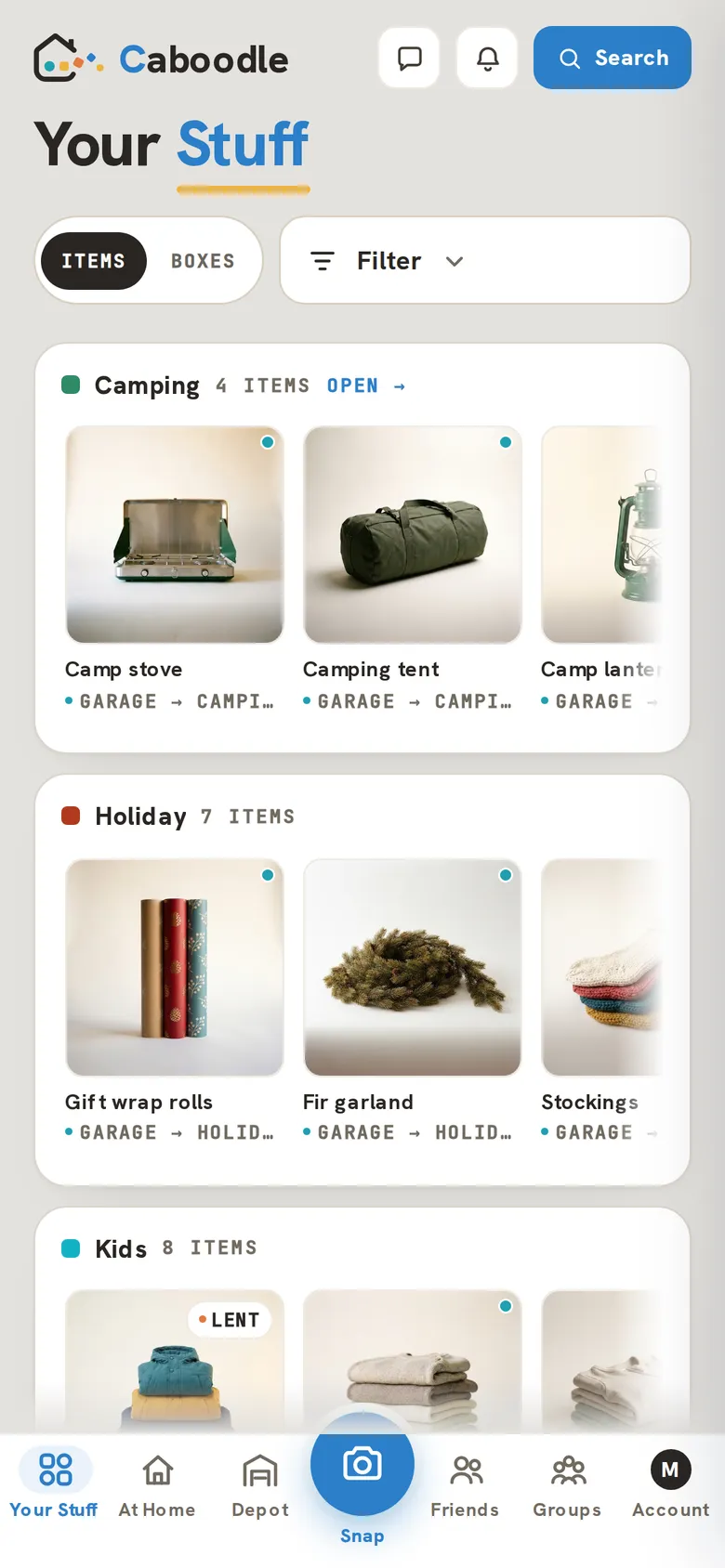 The Caboodle app after a burst of snaps: a room's worth of items named and sorted