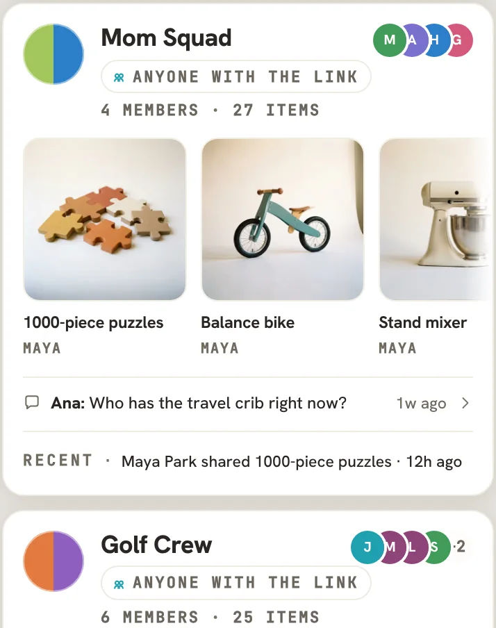 A group card in Caboodle: Mom Squad, 4 members · 27 items, the 1000-piece puzzles, the balance bike and the stand mixer, Ana asking who has the travel crib, and Golf Crew starting under it