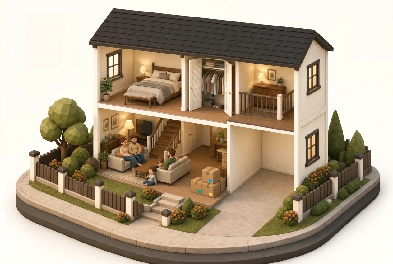 A cutaway of a family home, every room calm and organized, with a few labeled Caboodle boxes in the garage